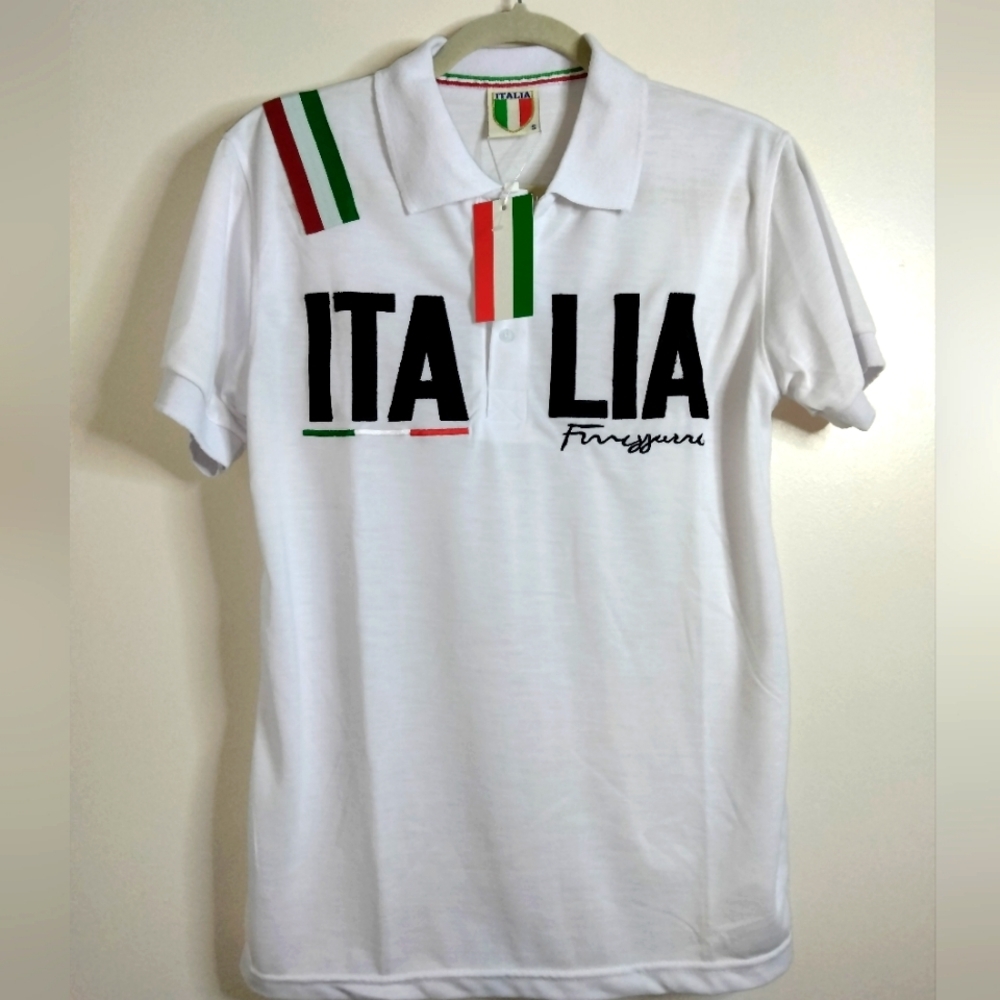 Italia Fereggarro (Size S) White Embroidered Half Button Collar Polo (NEW-NWT)